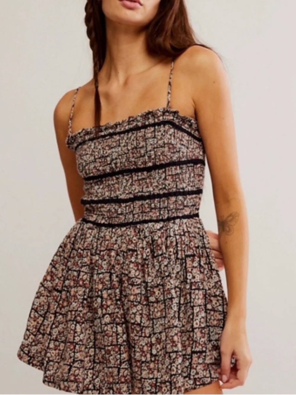 Free People Bali Smocked Romper Black Multi Floral